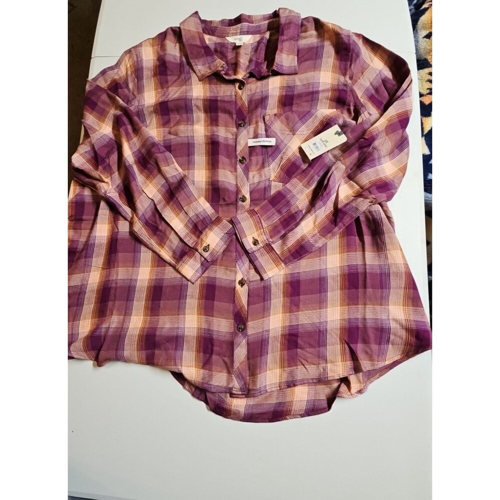 NWT Terra & Sky Women’s 3X Plaid Button Down Shirt Purple Roll Tab Plus Size